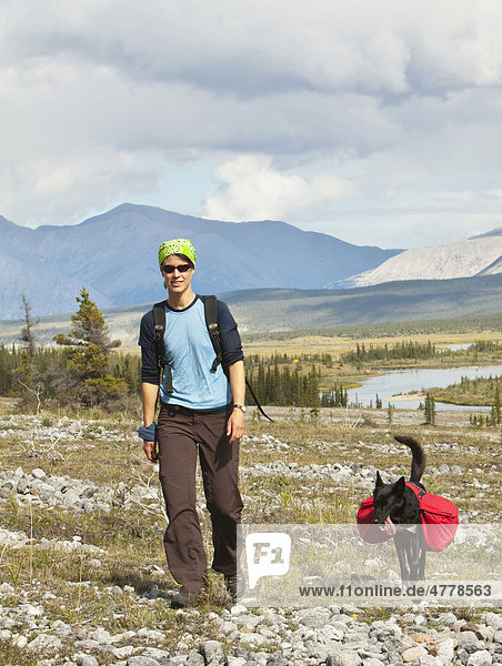 Junge Frau beim Wandern  Lastenhund  Alaskan Husky  Schlittenhund  trägt eine Hunde-Tasche  Rucksack  hinten Wind River und nördliche Mackenzie Mountains Gebirgskette  Yukon Territorium  Kanada