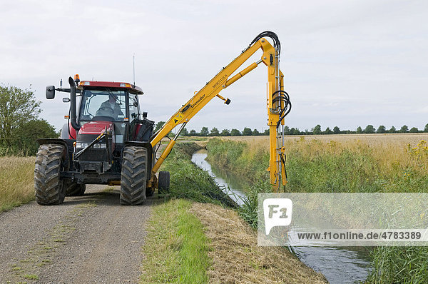 Tractor clearing drainage dyke  Norfolk  England  United Kingdom  Europe