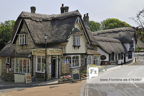 Reetgedeckte Häuser mit Andenken- und Teeladen  Shanklin Old Village  Isle of Wight  Südengland  England  Großbritannien  Europa