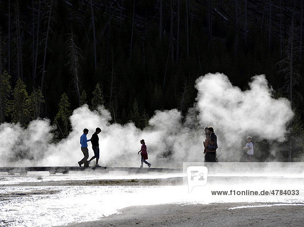 Tourists on a boardwalk amidst the steam of the springs and geysers  Black Sand Basin  Upper Geyser Basin  Yellowstone National Park  Wyoming  United States of America  USA