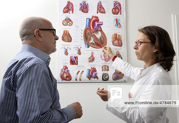 Arztpraxis  Ärztin erklärt Patient die Funktionsweise und mögliche Erkrankungen des menschlichen Herzens