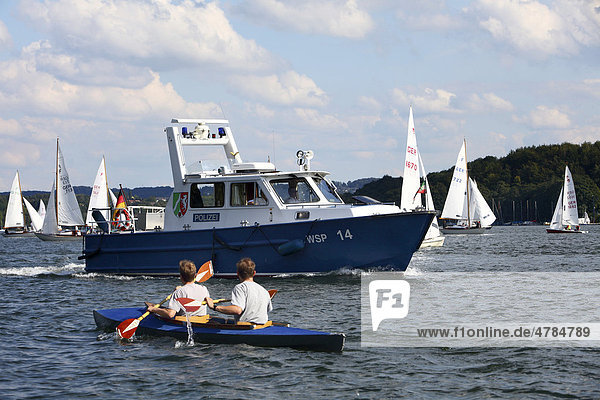 Water Police boat  51st Essen Sailing Week on Lake Baldeney  Essen  North Rhine-Westphalia  Germany  Europe