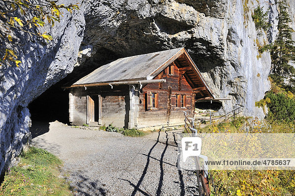 Reconstructed hermitage at the entrance of the prehistoric Baerenhoehle cave  Wildkirchli caves  Canton Appenzell-Innerrhoden  Switzerland  Europe