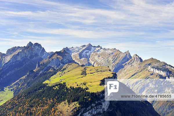 View from Mt. Kamor down over Mt. Alp Sigel to Mt. Saentis in the Appenzell Alps  Appenzell Inner-Rhodes  Switzerland  Europe