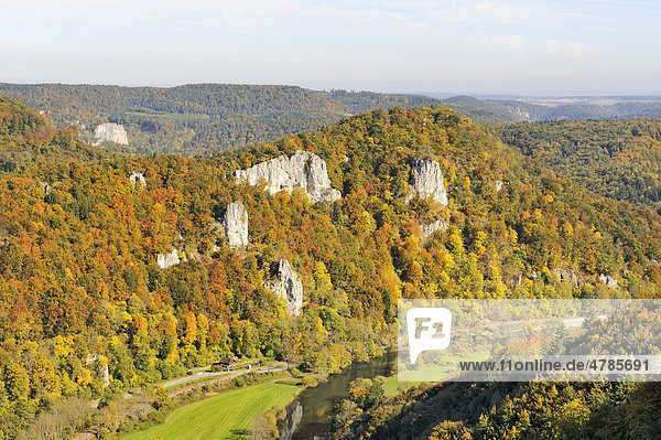 Blick vom Lenzenfelsen in das obere Donautal mit herbstlicher Vegetation  Landkreis Sigmaringen  Baden-Württemberg  Deutschland  Europa
