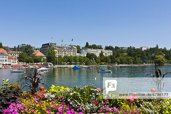 Der Hafen von Ouchy  hinten das Hotel Angleterre et Residence  Lausanne  Kanton Waadt  Genfer See  Schweiz  Europa Kanton Waadt