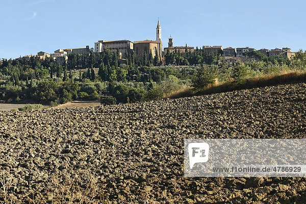 Blick über gepflügte Felder nach Pienza  Toskana  Italien  Europa