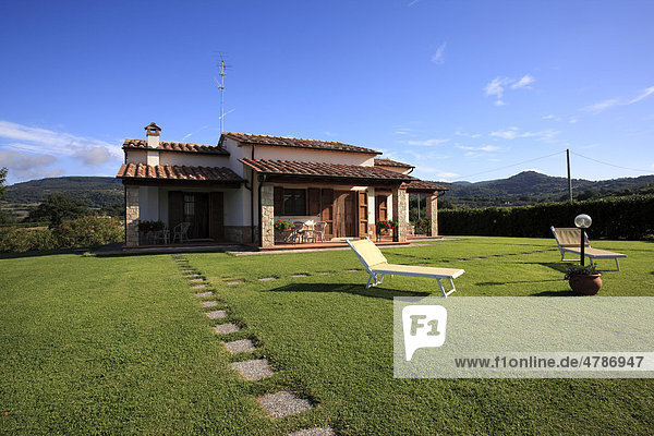 Bungalow of a farmstay  agriturismo  in rural landscape near Semproniano  Province Grosseto  Tuscany  Italy  Europe