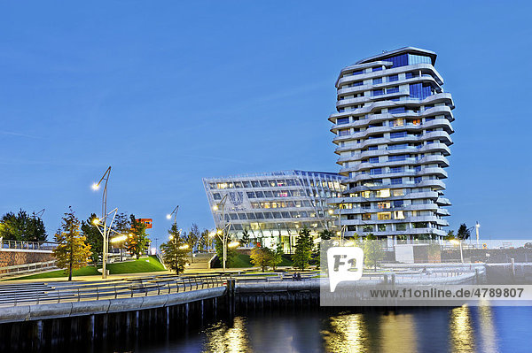 Marco-Polo-Tower and the Unilever headquarters on the Strandkai quay in the Hafencity district in Hamburg  Germany  Europe