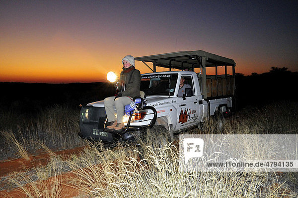 Night safari at sunset with the guides of the !Xaus Lodge  Kgalagadi Transfrontier Park  Kalahari  South Africa  Africa