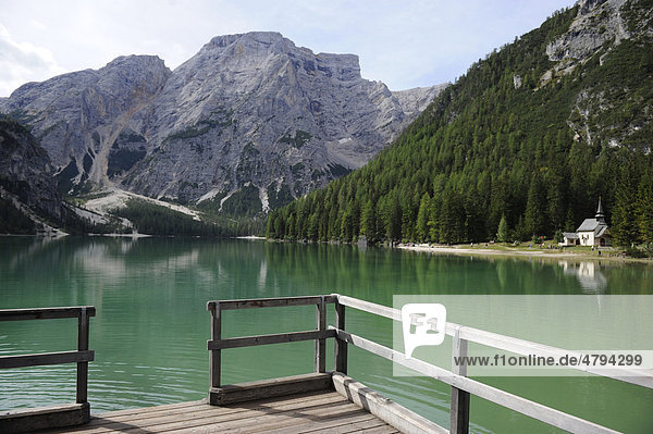 Pragser Wildsee or Braies Lake near Toblach  Dolomites  Alto Adige  Italy  Europe