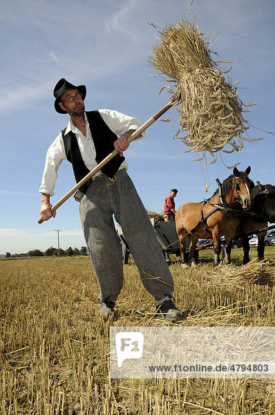 Farmer  nostalgic dress  rising a sheaf  harvest  Slimminge  SkÂne  Sweden  Europe
