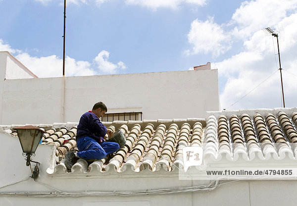 Handwerker bei Dachdeckerarbeiten  Andalusien  Spanien  Europa