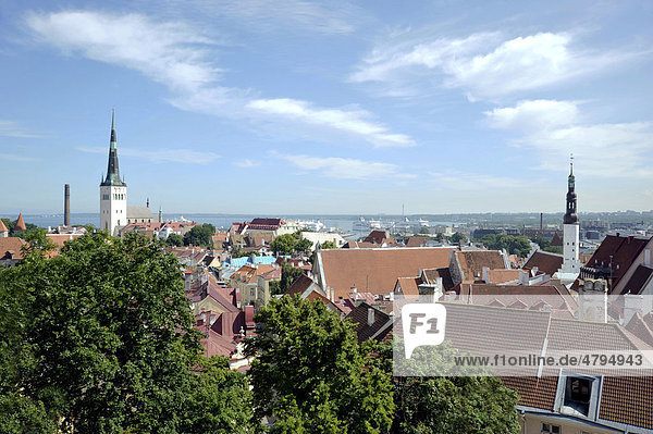 Panorama Altstadt  Blick vom Schlossberg  Turm der Nikolaikirche und Rathausturm  Ostseehafen  Tallinn  ehemals Reval  Estland  Baltikum  Nordeuropa
