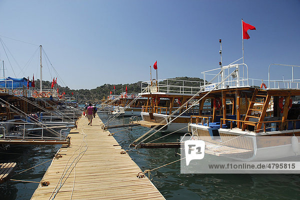 Boats in the harbor  Uecagiz  Kekova Bay  Lycian coast  Antalya Province  Mediterranean  Turkey  Eurasia