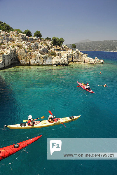 Canoes at the Sunken City  Kekova island  Lycian coast  Antalya Province  Mediterranean  Turkey  Eurasia