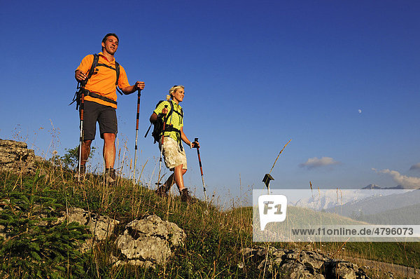 Hikers on the Winklmoos Alm alpine pasture  Reit im Winkl  Chiemgau  Upper Bavaria  Bavaria  Germany  Europe