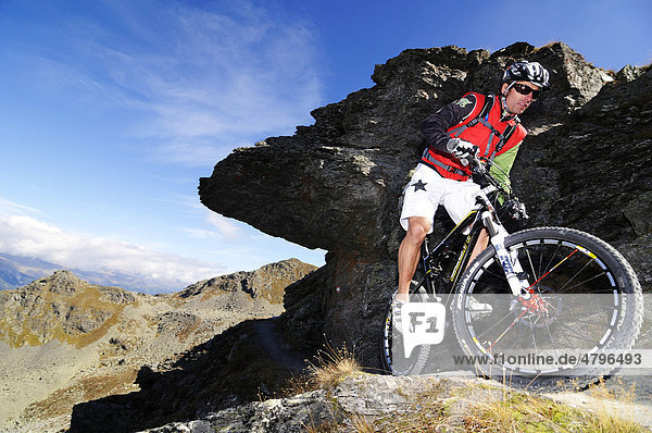 Mountain bikers on the Carnian trail  Mt. Helm  Alta Pusteria  South Tyrol  Dolomites  Italy  Europe