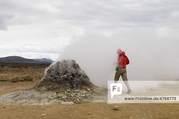 Hiker at Hverir geothermal fields at the foot of Namafjall mountain  Myvatn lake area  Iceland  Europe