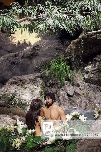 Exhibit showing Adam and Eve in the Biblical Garden of Eden  at the Creation Museum  which presents the fundamentalist Christian view  based on the book of Genesis  that God created the earth 6  000 years ago  denying evolution  Petersburg  Kentucky  USA