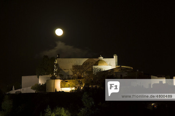 Full moon over the church Puig de Missa  Santa Eulalia  Ibiza  Spain  Europe