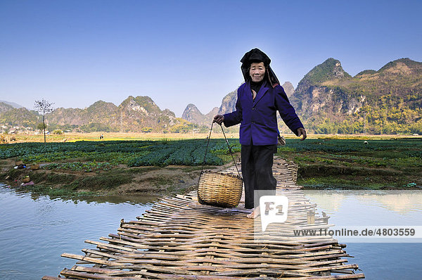 Frau mit Korb geht über geflochtene Brücke  trockene Halong Bucht  Vietnam
