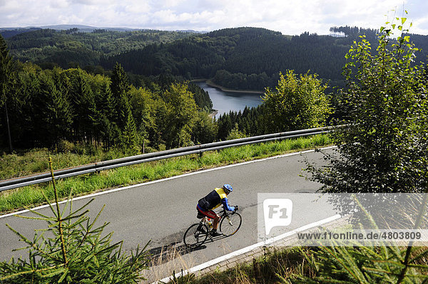 Cyclist at the 16th International Tour of 16 storage lakes through the Bergisches Land and Sauerland regions  North Rhine-Westphalia  Germany  Europe