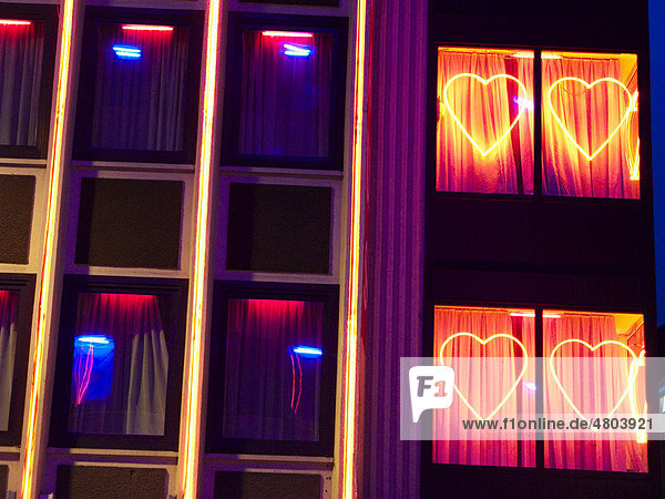 Hearts in a window  brothel in the red light district  Frankfurt  Hesse  Germany  Europe