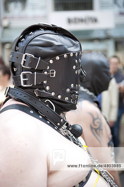 Man from the SM scene with mask  Christopher Street Day in Cologne  North Rhine-Westphalia  Germany  Europe