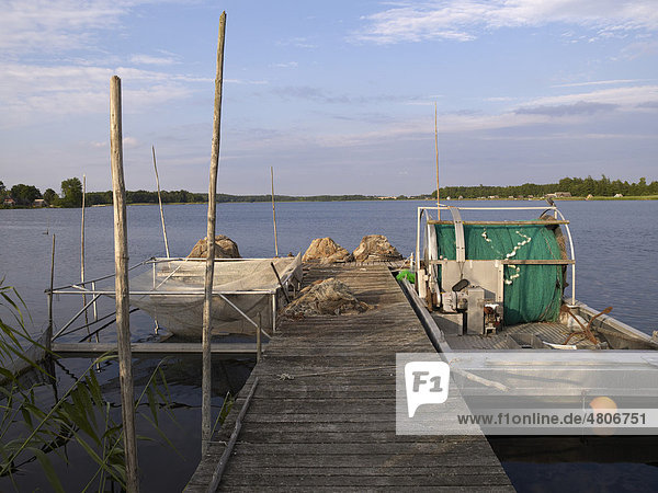 Pier belonging to a fishing company  Krakow am See  Mecklenburg Lake District  Mecklenburg-Western Pomerania  Germany  Europe