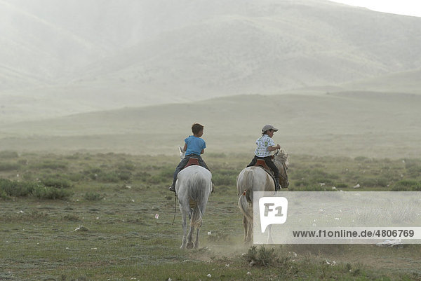 Zwei kleine mongolische Kinder  Jungen  reiten im trockenen Grasland auf weißen mongolischen Pferden  Lun  Töv Aimak  Mongolei  Asien
