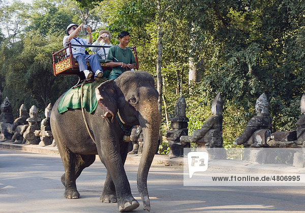 Tourists riding on an elephant in Angkor  Siem Reap  Cambodia  Indochina  Southeast Asia