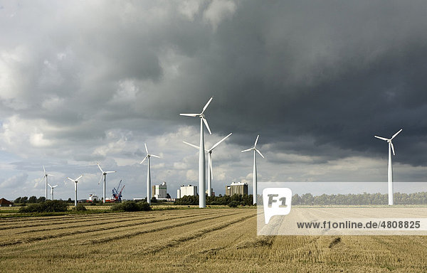 Windkraftanlage  Windräder vor dunklen Gewitterwolken  Husum  Schleswig-Holstein  Deutschland  Europa