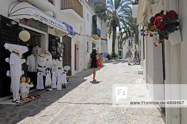 Shops  alleyway  Dalt Vila  historic district of Ibiza Town  Unesco World Heritage site  Eivissa  Ibiza  Pityuses  Balearic Islands  Spain  Europe
