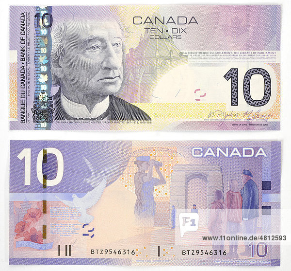 Kanadische 10-Dollar Banknote  Vorderseite  Rückseite