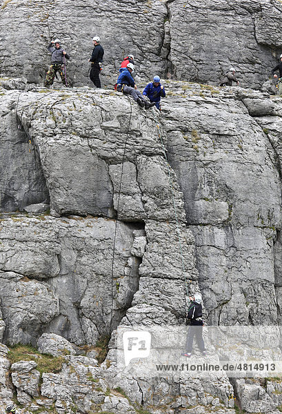 Rockclimbers climbing on rocks near Lisdoonvarna  Burren  County Clare  Ireland  Europe