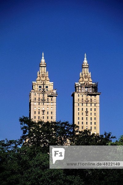 The San Remo twin building seen through the treetops of Central Park  Manhattan  New York  USA