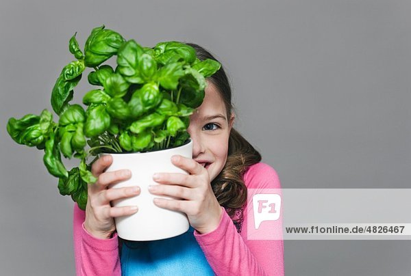 Mädchen mit Basilikumpflanze