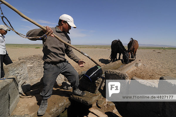 Mongolischer Junge mit Basecap schöpft Wasser zum Tränken der Pferde aus einem Wasserloch in der Wüste Gobi  Ömnögov Aimak  Mongolei  Asien