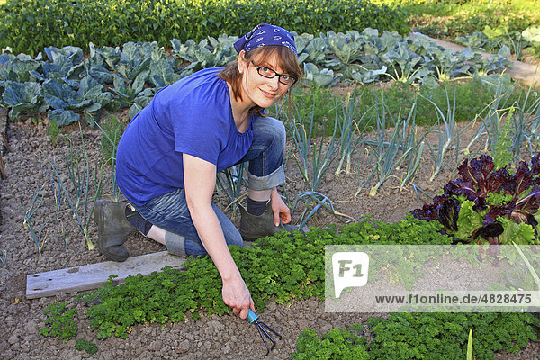 Young woman gardening  working in an organic home garden