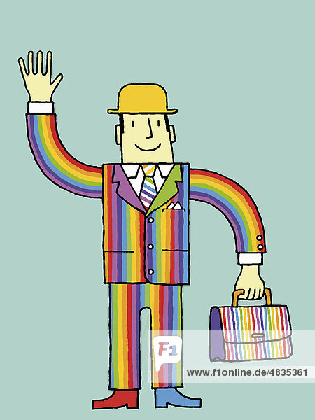 Geschäftsmann mit Anzug in Regenbogenfarben winkt