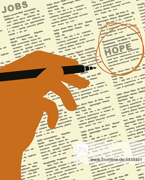 Hand circling the word “hope in newspaper