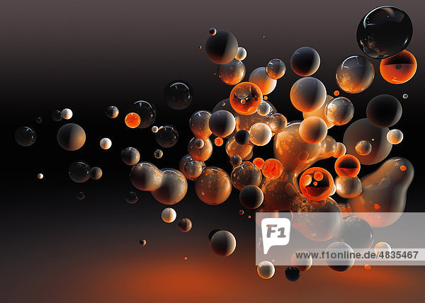 Abstract floating orange and black spheres