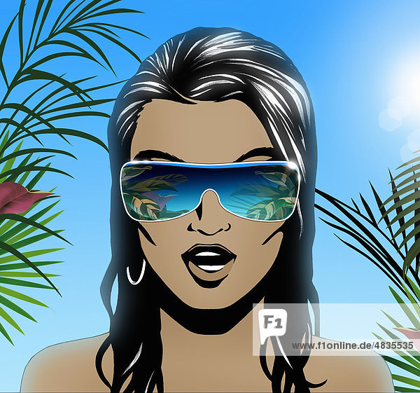 Frau mit Sonnenbrille in tropischer Landschaft