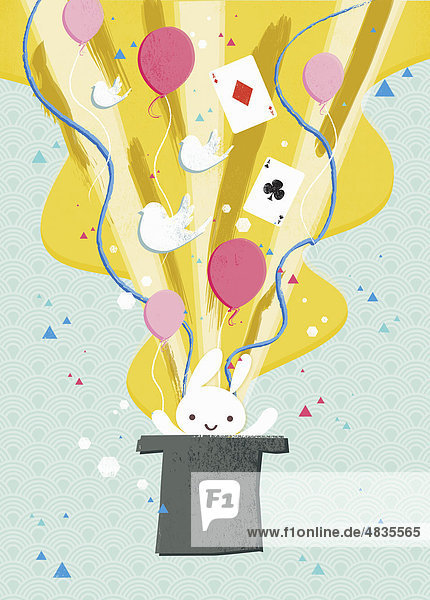 Rabbit  balloons and cards coming from top hat