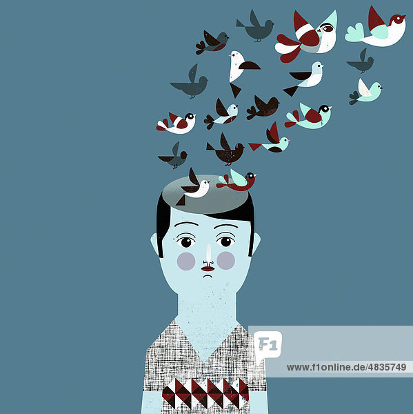 Man with flock of birds coming from head