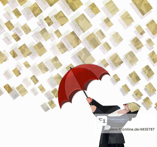 Papiere fallen auf Geschäftsfrau mit Regenschirm