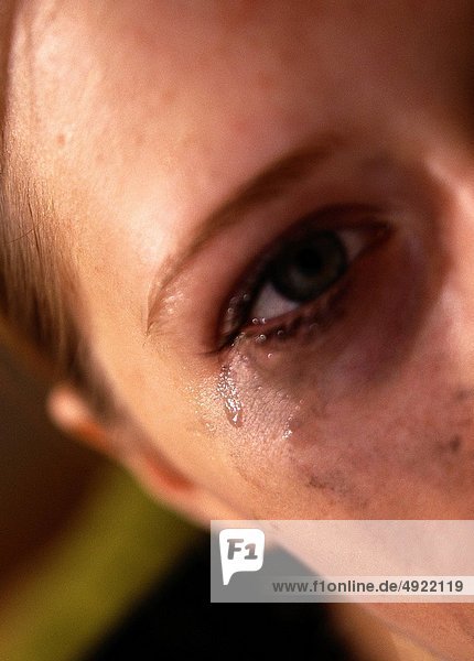 close_up crying eye with smeared mascara