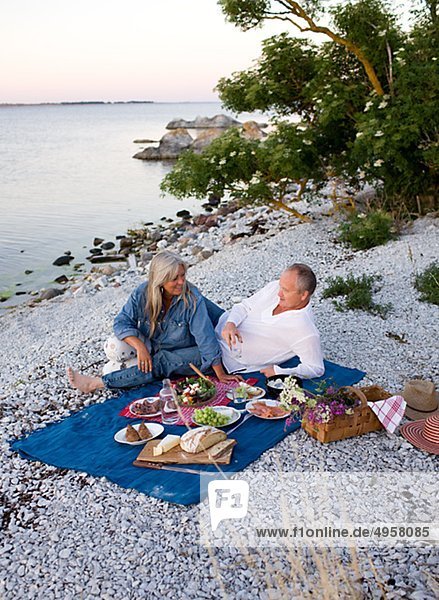 reifes Paar mit Picknick am Strand