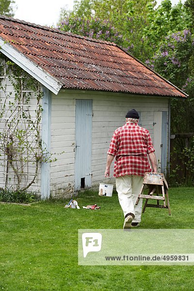 Mann Sommer Senior Senioren streichen streicht streichend anstreichen anstreichend
